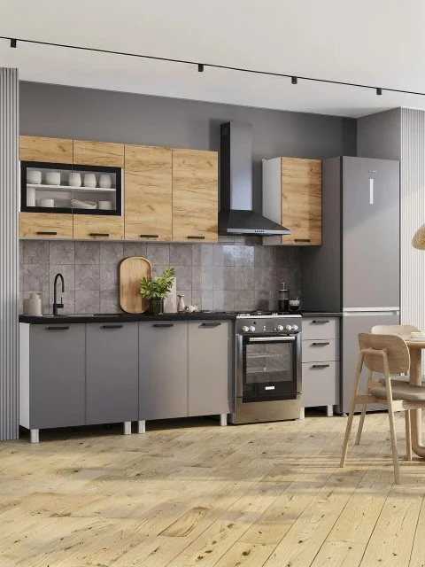 Кухня (кухонный гарнитур) Крафт 2,0 м тип2 Графит/Крафт (ст. Черный мрамор 0,8+0,8+0,4м 38мм) мебельный РАЙ